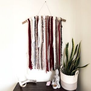 Boho Fiber Art Wall Hanging Macrame Ecru Red Brown Handcrafted Mixed Media Decor